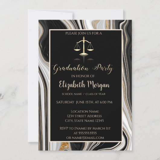 Eleganter Black Gold Marmor Law School Abschluss Einladung (Vorderseite)