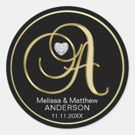 Eleganter Black Gold Monogram Letter A Heart Diamo Runder Aufkleber
