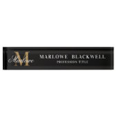 Eleganter Black Gold Monogram Script Desk Namensplakette (Vorderseite)