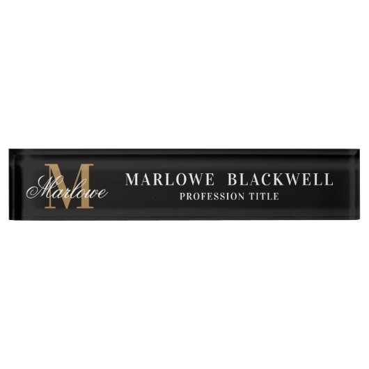 Eleganter Black Gold Monogram Script Desk Namensplakette (Vorderseite)
