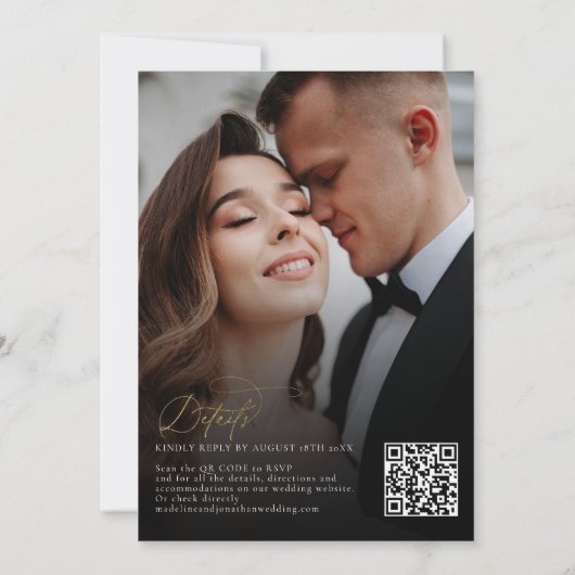 Eleganter Black Gold QR Code UAwg All in one Weddi Einladung (Rückseite)