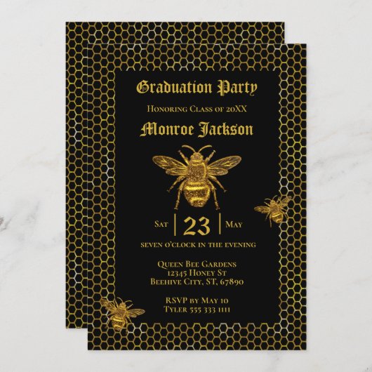Eleganter Black Gold Queen Bee Beehive Abschluss Einladung (Vorne/Hinten)