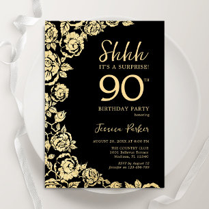 Eleganter Black Gold Rose Überraschung 90. Geburts Einladung