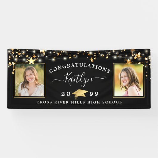 Eleganter Black Gold Script 2 Foto Abschluss Banner (Horizontal)