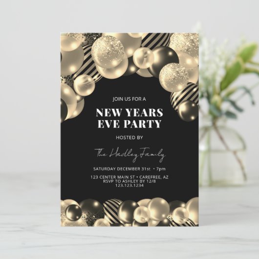 Eleganter Black Gold Silvester Einladung (Stehend Vorderseite)