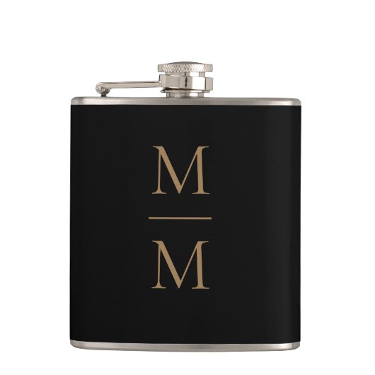 Eleganter Black Gold Simple Classic Monogram Flask Flachmann (Vorderseite)
