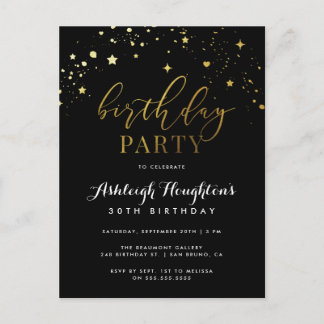Eleganter Black & Gold Star Confetti Geburtstag Einladungspostkarte