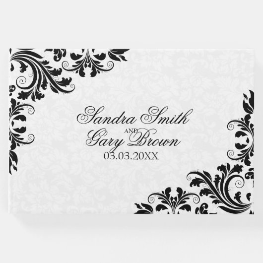 Eleganter Black Lace White Damask Gästebuch (Vorderseite)