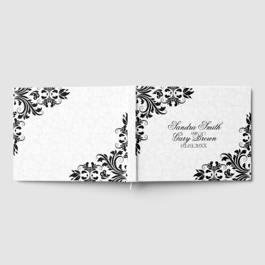 Eleganter Black Lace White Damask Gästebuch (Voll)