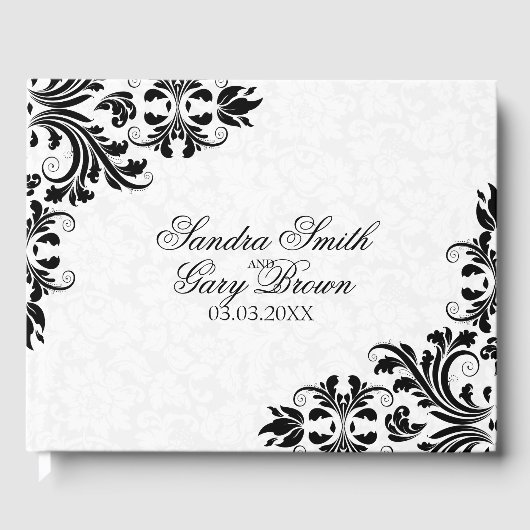 Eleganter Black Lace White Damask Gästebuch (Vorderseite)