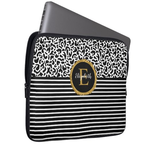 Eleganter Black Leopard Monogram Laptop Sleeve (Vorne Rechts)