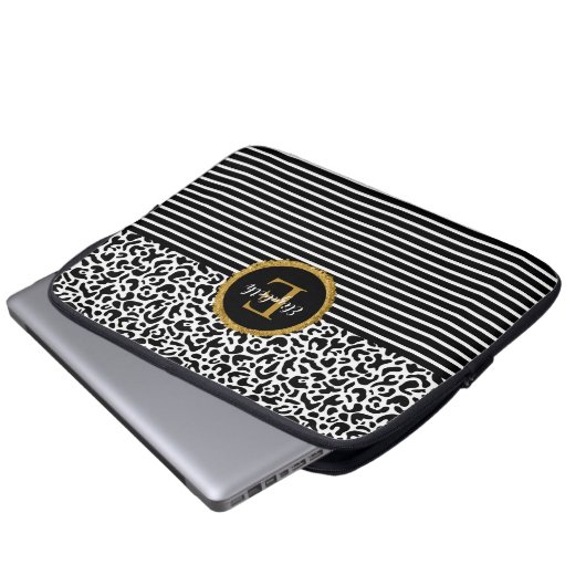 Eleganter Black Leopard Monogram Laptop Sleeve (Vorne Knopf)
