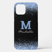 Eleganter Black Monogram Light Blue Glitzer Case-Mate iPhone Hülle (Rückseite)