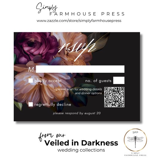 Eleganter Black Moody Floral Wedding QR Code RSVP Karte