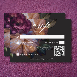 Eleganter Black Moody Floral Wedding QR Code RSVP Karte