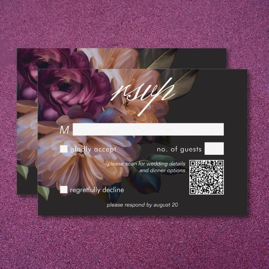 Eleganter Black Moody Floral Wedding QR Code RSVP Karte