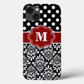 Eleganter Black Red Dot Damask Monogram Case (Rückseite)