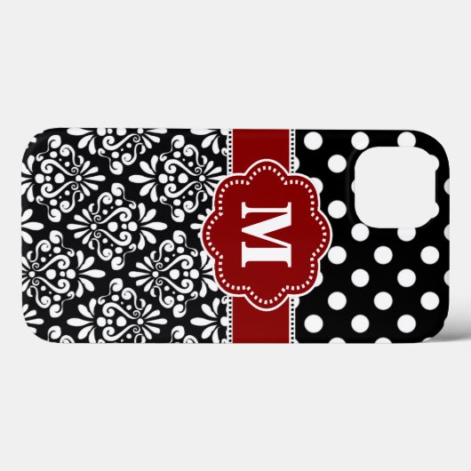 Eleganter Black Red Dot Damask Monogram Case (Rückseite (Horizontal))