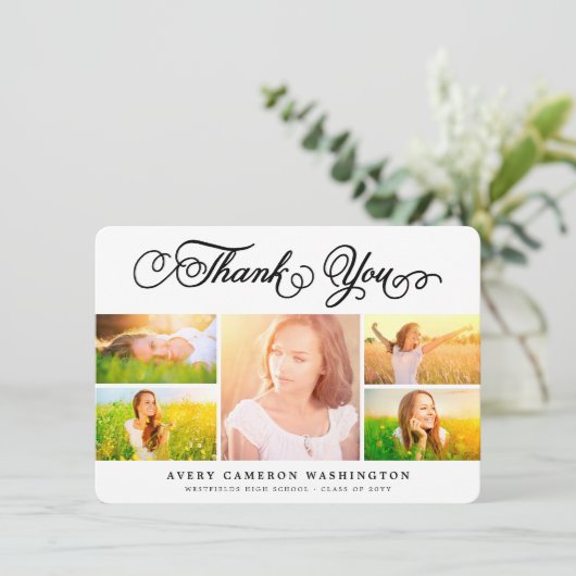 Eleganter Black Script Abschluss 5 FotoCollage Dankeskarte (Stehend Vorderseite)