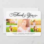 Eleganter Black Script Abschluss 5 FotoCollage Dankeskarte (Vorderseite)