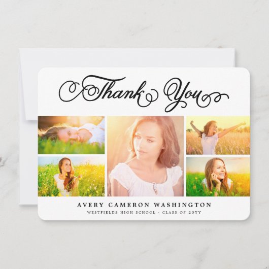 Eleganter Black Script Abschluss 5 FotoCollage Dankeskarte (Vorderseite)
