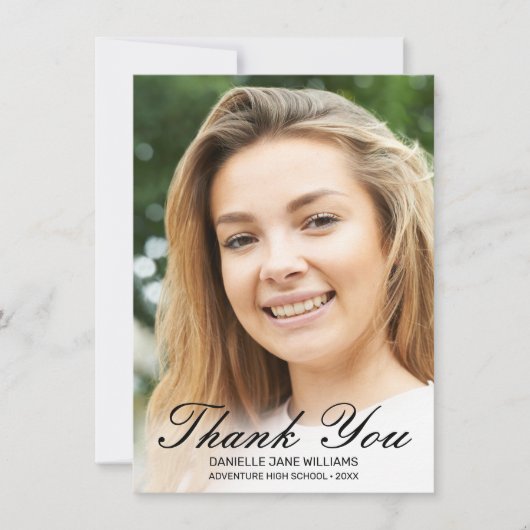 Eleganter Black Script Foto Abschluss Vielen Dank Dankeskarte (Vorderseite)