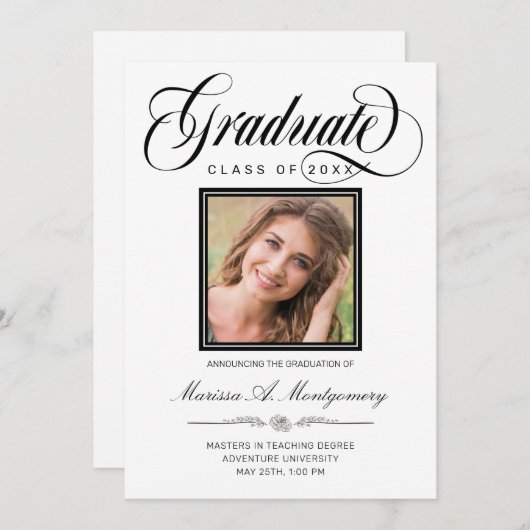 Eleganter Black Script Foto Uni-Abschluß Ankündigung (Vorne/Hinten)