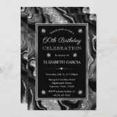 Eleganter Black & Silver Glitzer Agate 60. Geburts Einladung (Vorne/Hinten)