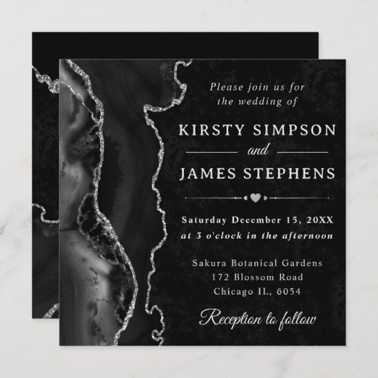 Eleganter Black Silver Glitzer Agate Wedding Einladung (Vorne/Hinten)