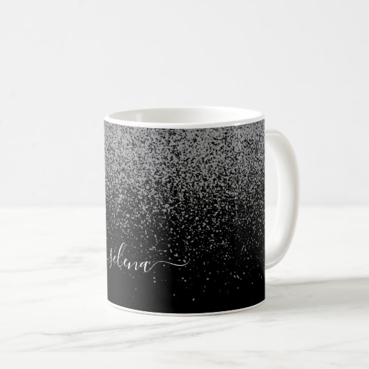 Eleganter Black Silver Glitzer Girly Mit Monogramm Kaffeetasse (VorderseiteRechts)