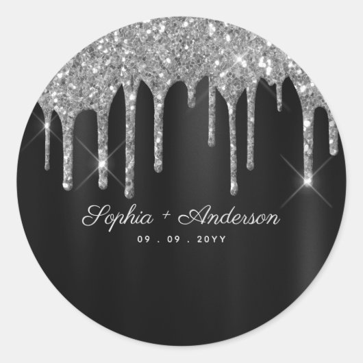 Eleganter Black & Silver Glitzer Tropfen Custom Runder Aufkleber (Vorderseite)