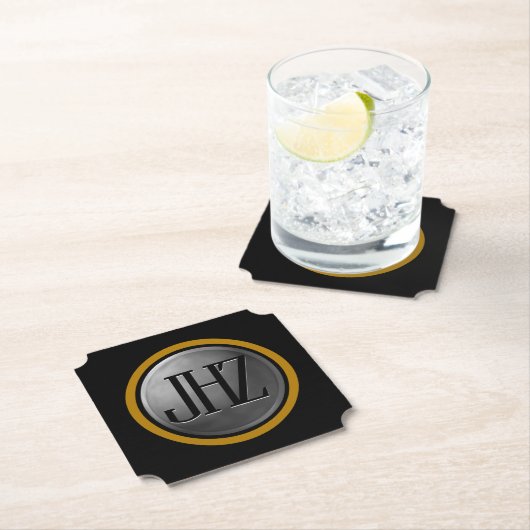 Eleganter Black Silver Gold Monogram Untersetzer (Vor Ort)