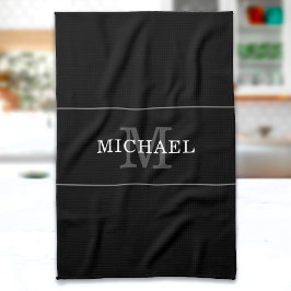 Eleganter Black Silver Monogram Individuelle Name Geschirrtuch