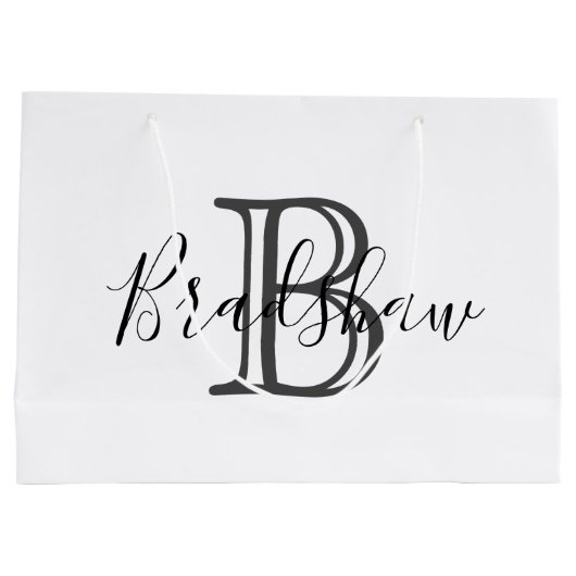 Eleganter Black Silver Monogram Individuelle Name Große Geschenktüte (Rückseite)