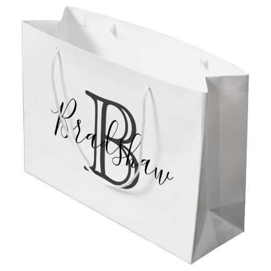 Eleganter Black Silver Monogram Individuelle Name Große Geschenktüte (Rückseite Schrägansicht)