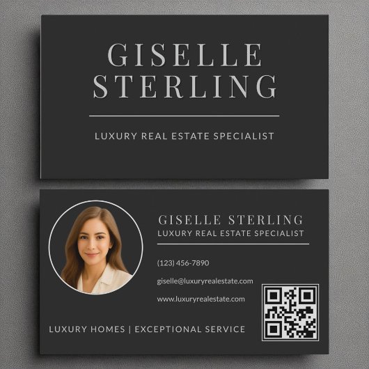 Eleganter Black Silver Real Anwesen Agent QR Code Visitenkarte