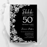 Eleganter Black Silver Rose Überraschung 50. Gebur Einladung<br><div class="desc">Schwarz-Silber-Blumenüberraschung 50. Geburtstagsfeier Einladung. Elegantes Design mit Rose,  Imitaten silberne Folie und Typografie Script Schriftart. Die trendige Einladungskarte eignet sich perfekt für eine stilvolle Damenfeier. Kann für jedes Alter angepasst werden. Gedruckte Zazzle-Einladungen oder Sofortdownload digitaler Druckvorlage.</div>