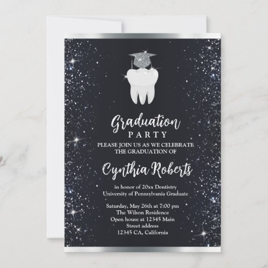 Eleganter Black Silver Sparkle Dental Abschluss Einladung (Vorderseite)