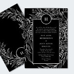 Eleganter Black Tuxedo Bright White Monogram Kranz Einladung<br><div class="desc">Elegante Black Tuxedo Bright White Monogram Wreath Wedding Einladung</div>