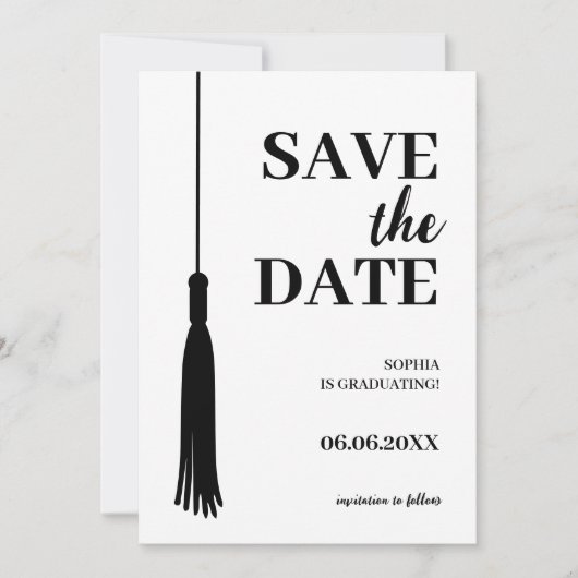 Eleganter Black & White Grad Tassel Abschluss Save The Date (Vorderseite)