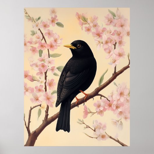 Eleganter Blackbird im Blütenrausch Poster (Vorne)
