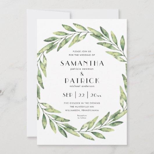 Eleganter Blattkranz | Hochzeit moderner Texte Einladung (Vorderseite)