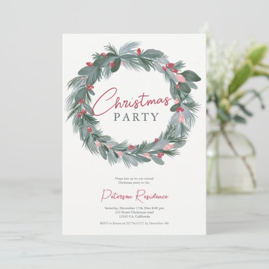 Eleganter, blau-blauer Weihnachtskranz Einladung (Stehend Vorderseite)