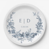 Eleganter blau eingeprägter Blumenreath mit Monogr Pappteller (Vorderseite)