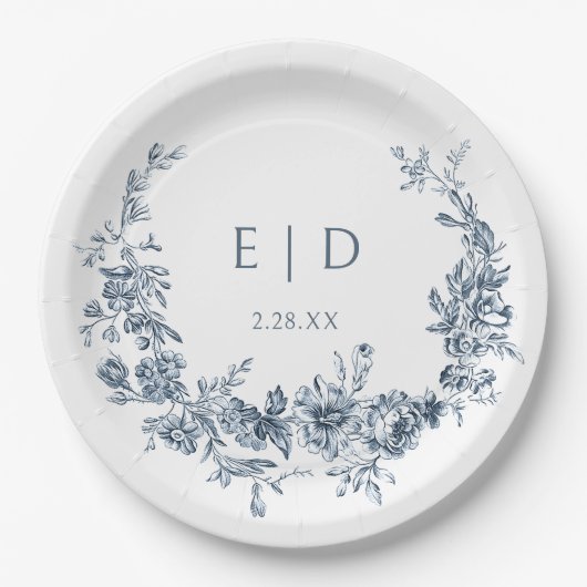 Eleganter blau eingeprägter Blumenreath mit Monogr Pappteller (Vorderseite)