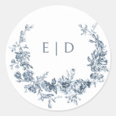 Eleganter blau eingeprägter Blumenreath mit Monogr Runder Aufkleber (Vorderseite)