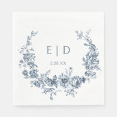 Eleganter blau eingeprägter Blumenreath mit Monogr Serviette (Vorderseite)