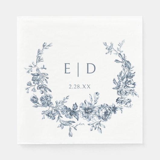 Eleganter blau eingeprägter Blumenreath mit Monogr Serviette (Vorderseite)