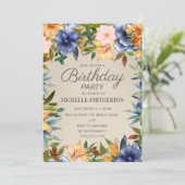 Eleganter, blau-gelber, blühender Geburtstag von F Einladung (Stehend Vorderseite)