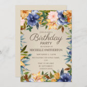 Eleganter, blau-gelber, blühender Geburtstag von F Einladung (Vorne/Hinten)